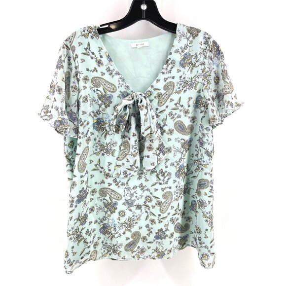 Pleione Women's Paisley Blouse Top V Neck Floral Small Lined Shirt Light Blue - Picture 1 of 10
